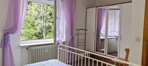 a bedroom with a large window and a mirror at Waldoase-Appartement im Tannenhof in Haidmühle