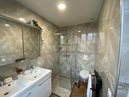 a bathroom with a shower and a sink and a toilet at DDay Aviators Le Manoir in Arromanches-les-Bains