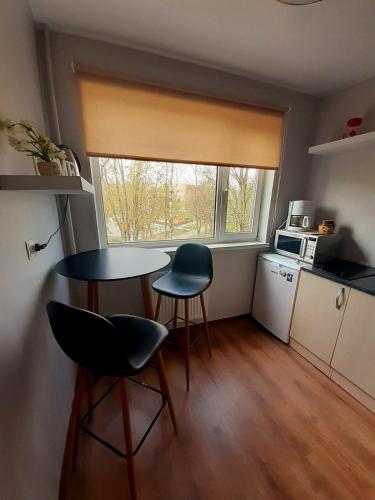 a kitchen with a table and two chairs and a window at Estonia pst 26 in Kohtla-Järve