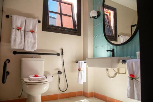 a bathroom with a toilet and a mirror at Exótica Boutique Hotel in Pipa
