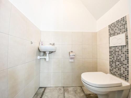 a bathroom with a toilet and a sink at Landelijk gelegen vakantiehuis OK37 in Oostkapelle