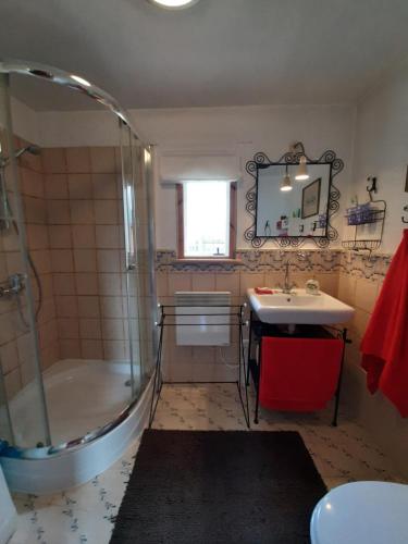 ein Badezimmer mit einer Dusche, einem Waschbecken und einer Badewanne in der Unterkunft Wakacje Wigry in Krusznik