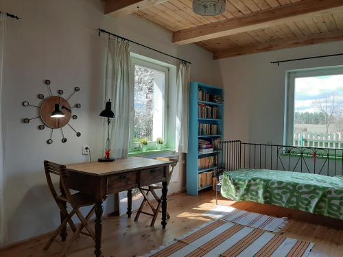een slaapkamer met een bureau, een bed en een raam bij Wakacje Wigry in Krusznik