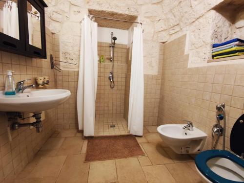 a bathroom with a sink and a shower and a toilet at Trullo Cicerone in Martina Franca