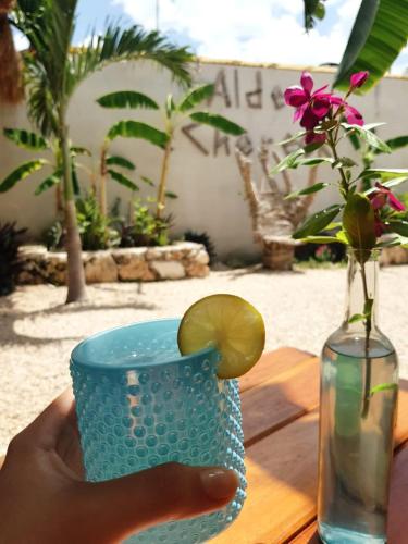 a person holding a blue cup with a flower in a vase at Aldea Che-Eek , con acceso a un club de playa privado in Bacalar