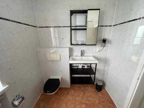 een kleine badkamer met een wastafel en een spiegel bij Olympia Pension in Dachau