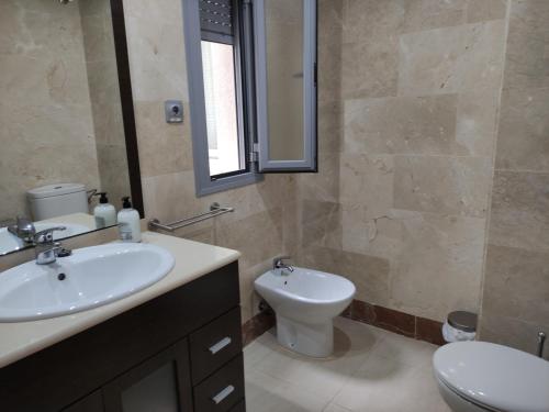 a bathroom with a sink and a toilet and a mirror at Dumar Puerto Rey in Vera