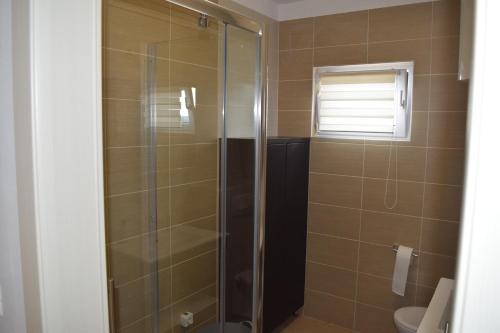 uma casa de banho com uma cabina de duche em vidro e um WC. em Dodo em Kaštela