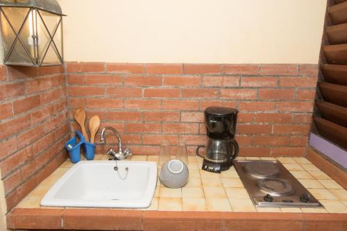 - un comptoir de cuisine avec un évier et un mur en briques dans l'établissement Appartement Paradis, à Sainte-Anne