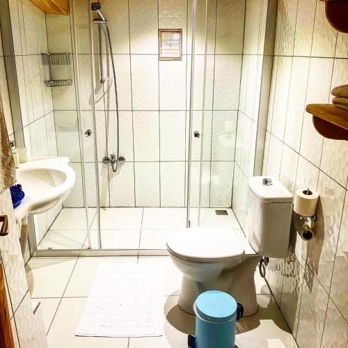 a bathroom with a shower and a toilet and a sink at Kara Kedi Beach Bungalow in Cıralı
