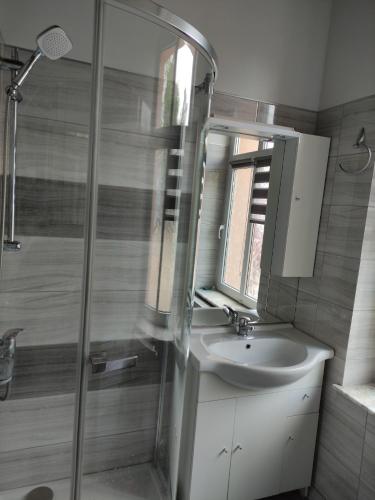 a bathroom with a sink and a shower at Apartamenty Bulwar Nadmorski, Ustka in Ustka