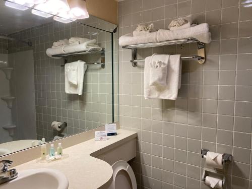 a bathroom with a sink and a mirror and towels at Quality Inn Buffalo Airport in Cheektowaga