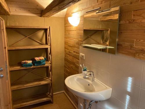 La salle de bains est pourvue d'un lavabo et d'un miroir. dans l'établissement Münzenberg 42, à Quedlinbourg