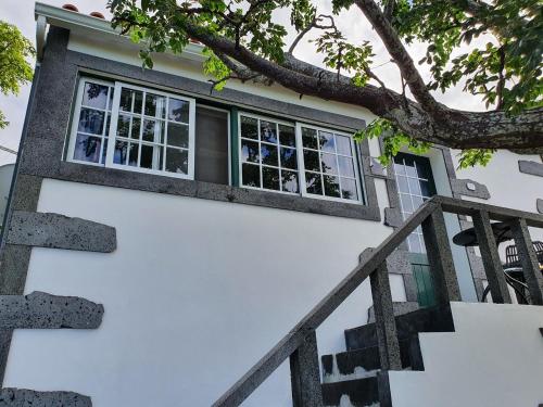 uma casa com uma árvore em frente em Casa do Gato Preto em Santo Amaro