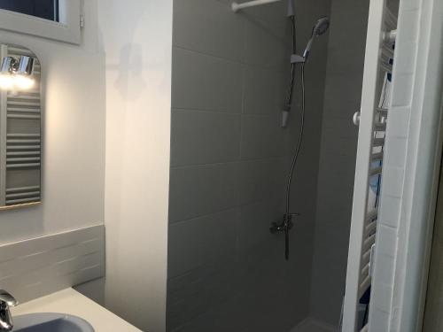 een badkamer met een douche en een wastafel bij Chambres individuelles avec partie commune ou logement entier si disponible Via Rhôna in Vulbens