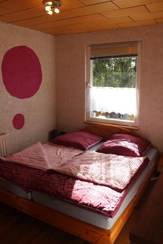 a bedroom with a bed with a window and red sheets at Zum-Seehörnchen Haus Fuchs in Tanna