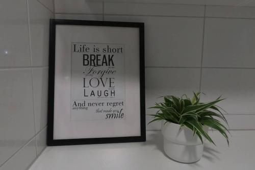 a picture in a frame next to a potted plant at Homestay - private room in an apartment in Gothenburg
