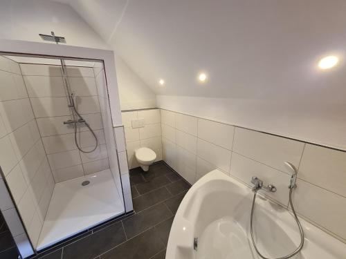 Das Bad ist mit einer Dusche und einer Badewanne ausgestattet. in der Unterkunft Das Baumeisterhaus - Monteurzimmer in Grünberg in Grünberg