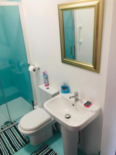 a bathroom with a sink and a toilet and a mirror at Paignton seafront Apartment with Private Garden ,FREE Private Car Space FREE WIFI ,No kitchen but Fridge Tea coffee Towels YES Double & Single bed YES Reception to help you YES Opposite the Beach Yes in Paignton