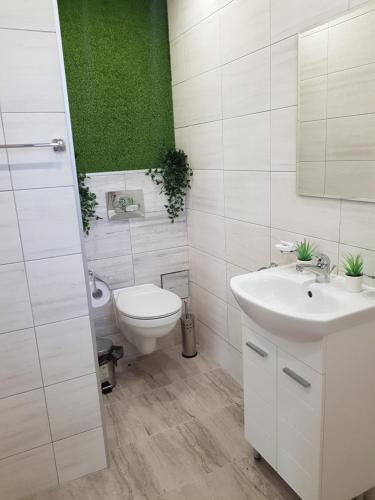 a bathroom with a toilet and a sink and a green wall at Paradise Park in Polski Trŭmbesh