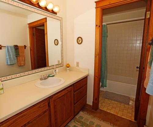 a bathroom with a sink and a mirror and a tub at River Park 1245 in Ouray