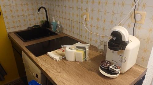 a kitchen counter with a sink and a counter top with a mixer at Studio Le Boussolenc in Les Orres