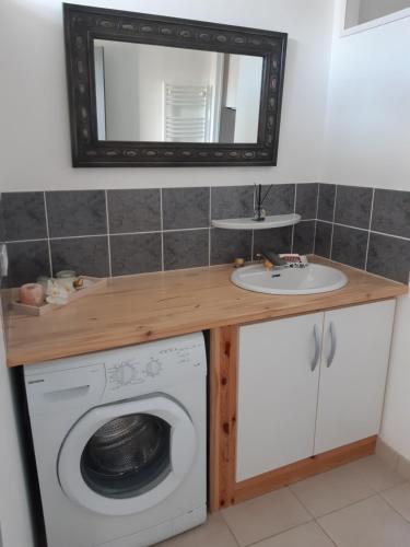 a bathroom with a sink and a washing machine at L'ère du temps in Manheulles