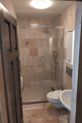 a bathroom with a shower and a toilet and a sink at Sun Residence Brela in Brela