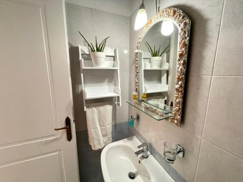 a bathroom with a sink and a mirror at Garden Studios in Alykes