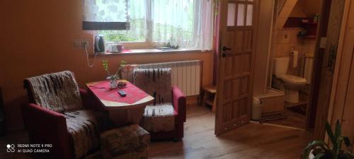 salon ze stołem i krzesłami oraz oknem w obiekcie Gospodarstwo Agroturystyczne u Ani w mieście Krośnica