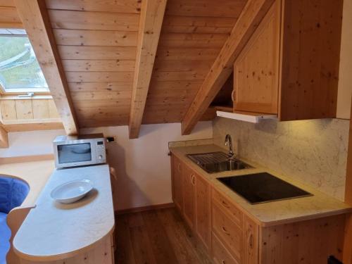 una piccola cucina con armadi in legno e lavandino di Pian Schiavaneis B&b apartament a Canazei