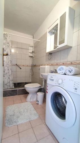a bathroom with a washing machine and a toilet at D&D in Drvenik