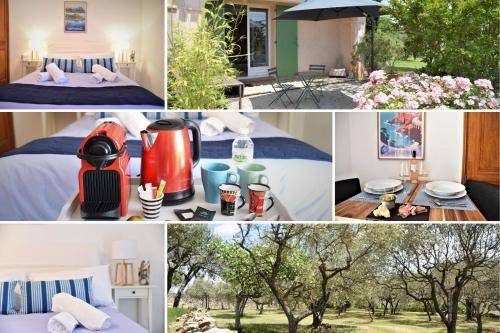a collage of photos of a hotel room with a tree at PantaiaHomes - My Little Garden - Piscine - Vue panoramique in Tavernes