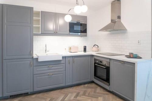 une cuisine avec des armoires grises et un évier dans l'établissement Goodserris - Disney Family Apartment, à Serris