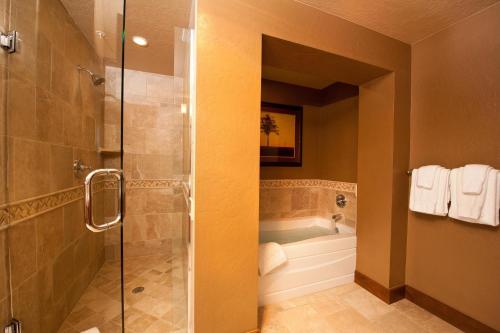 a bathroom with a shower and a tub at Purgatory Lodge Unit 403 in Durango Mountain Resort