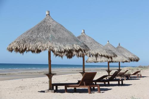 a row of chairs and umbrellas on a beach at Encanto Living Two Bedroom Unit by Kivoya in Puerto Peñasco