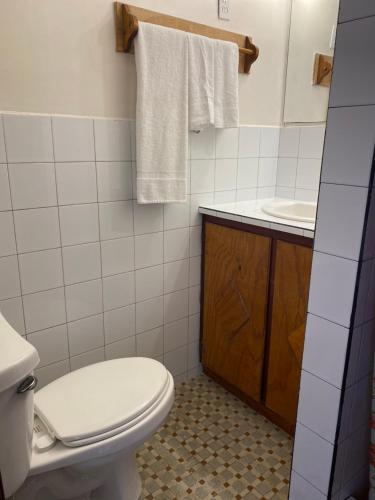 a bathroom with a toilet and a sink at Coral View Beach Resort in Utila