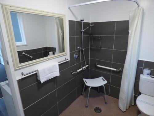 a bathroom with a shower and a toilet and a mirror at Sahara Motels in Dunedin