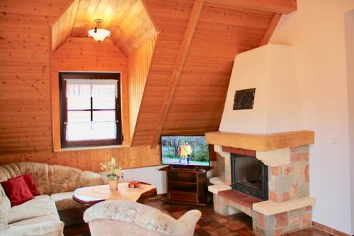 a living room with a fireplace and a tv at KrabatResidenz - Apartmenthaus in Burg