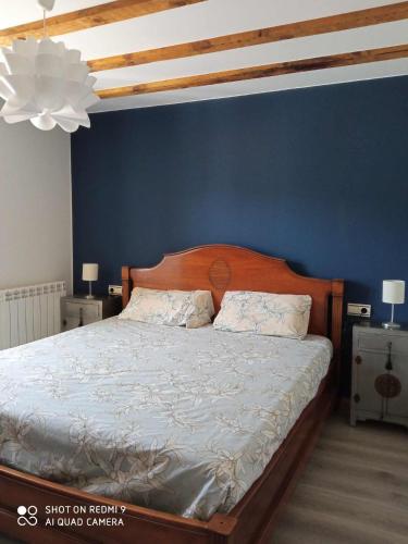 a bedroom with a bed with a blue wall at Apartamento Elizaldea in Betelu