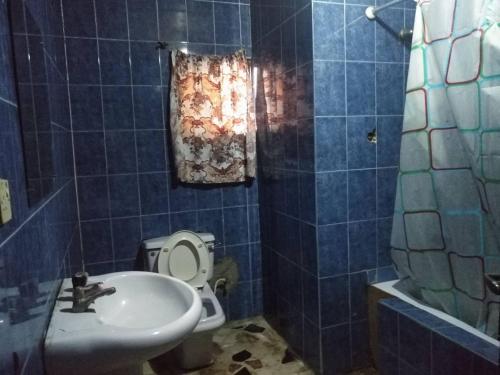 a blue tiled bathroom with a toilet and a sink at Room in House - The Village Apartments, Gbagada O9o98o58ooo in Lagos