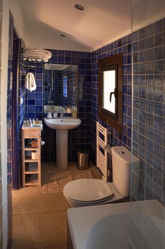 La salle de bains est pourvue de carrelage bleu, de toilettes et d'un lavabo. dans l'établissement Le Clos des Amandiers, à Simiane-la-Rotonde