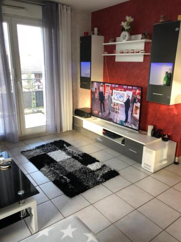 a living room with a flat screen tv and a rug at Confort d’Ange in Vaulx-en-Velin