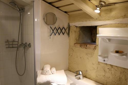a bathroom with a shower and a sink at Romantic Mill Cottage 30 min from Bergerac France in Sourzac