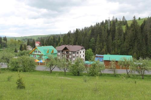 a group of buildings in a field with trees at Zustrizh u Leva in Pilipets