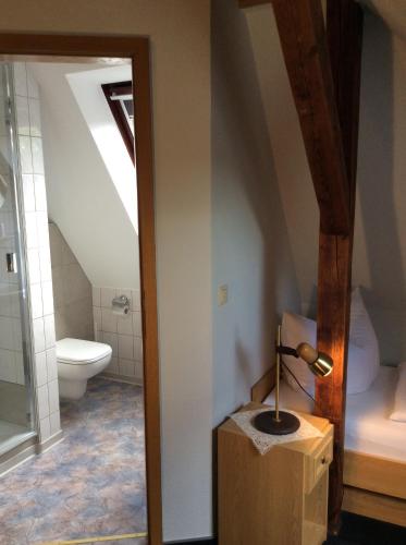 a bathroom with a toilet and a lamp on a box at Zur Eiche - Pension in Böhlen