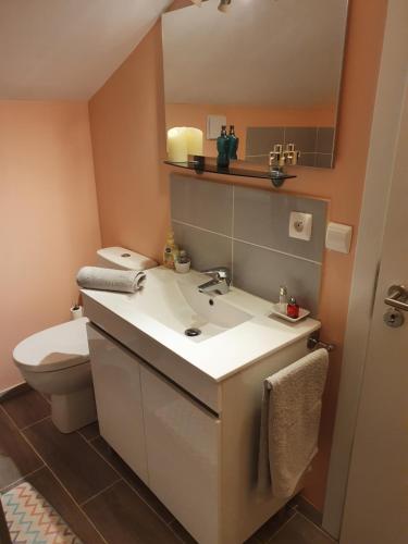 un bagno con lavandino e WC di Alojamento Local - Casa Amarela ad Alvaiázere