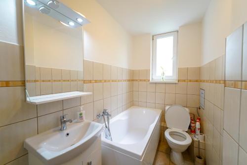 y baño con lavabo, aseo y espejo. en Víkendový byt v Tatranskej Lomnici, en Tatranská Lomnica