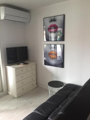 - un salon avec un canapé, une télévision et une commode dans l'établissement Appartement très proche naturiste, chic, piscine, au Cap d'Agde