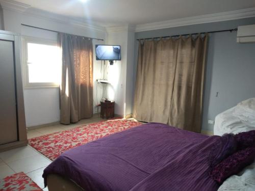 een slaapkamer met een paars bed en een tv aan de muur bij Helmeya Apartment with Touristic Views in Caïro